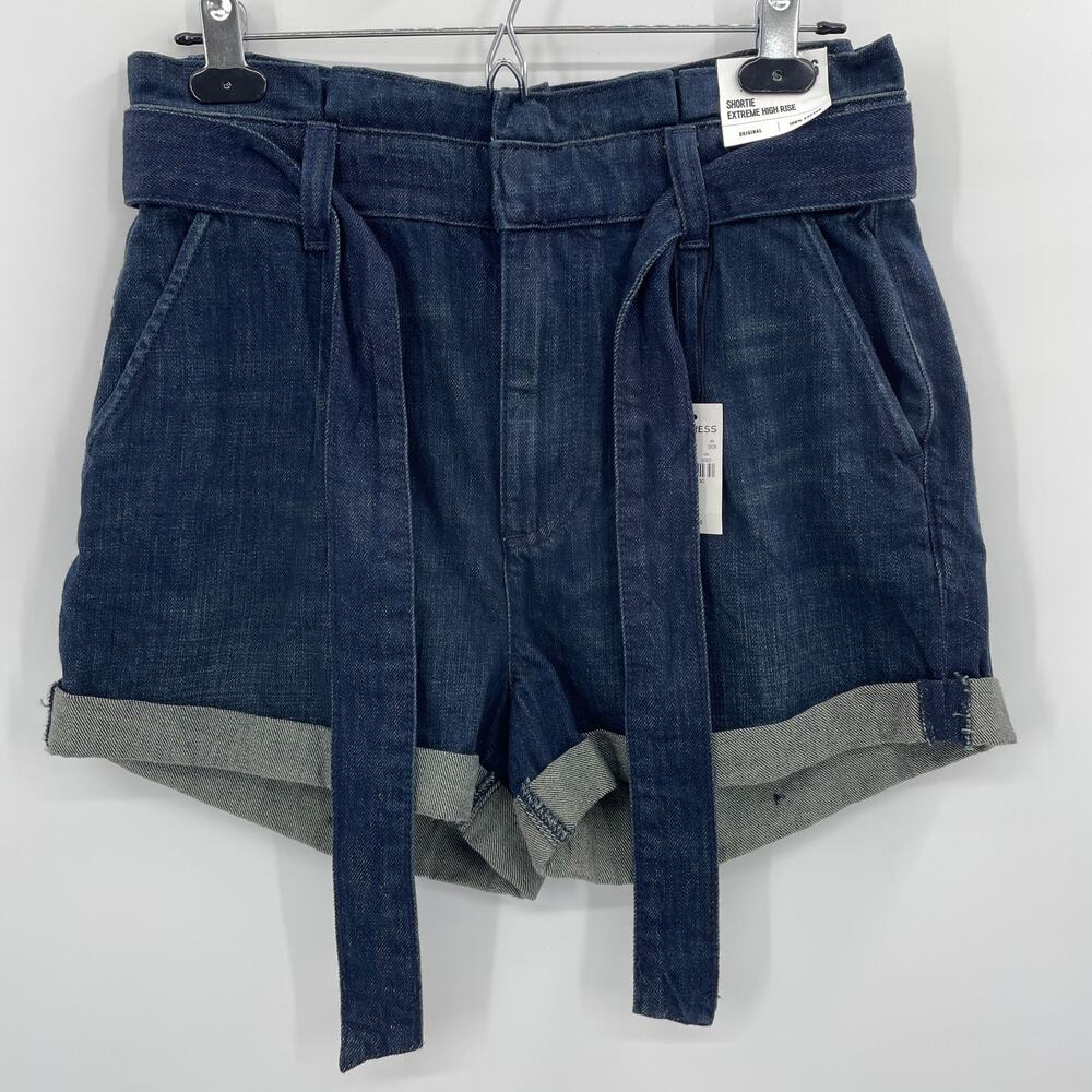 New EXPRESS Shortie Extreme High Rise Denim Shorts Size 6 Paperbag Self Tie Belt